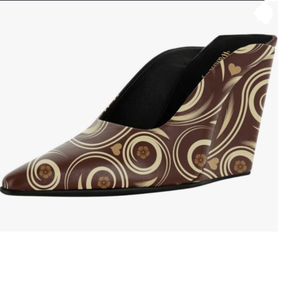 Wansseny Brown Floral Pointed Toe Wedge High Heel Mules Slip On Ladies Shoe
